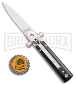 AGA 6" Lever Lock Ebony Wood Automatic Knife W/Cross Bolsters - Polish Plain -Aga Campolin AGA 6in LL Ebony Wood Auto Cross Bolsters Satin BHQ 177247 jr bottlecap large