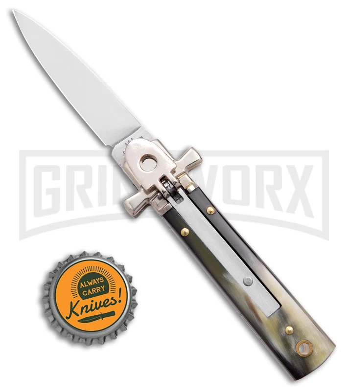AGA 6" Lever Lock Horn Automatic Knife W/Cross Bolsters - Satin Plain 4 AGA 6" Lever Lock Horn Automatic Knife W/Cross Bolsters - Satin Plain - Image 4