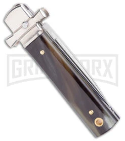 AGA 6" Lever Lock Horn Automatic Knife W/Cross Bolsters - Satin Plain 6 AGA 6" Lever Lock Horn Automatic Knife W/Cross Bolsters - Satin Plain -Aga Campolin AGA 6in LL Horn Auto Cross Bolsters Satin BHQ 177246 jr side large