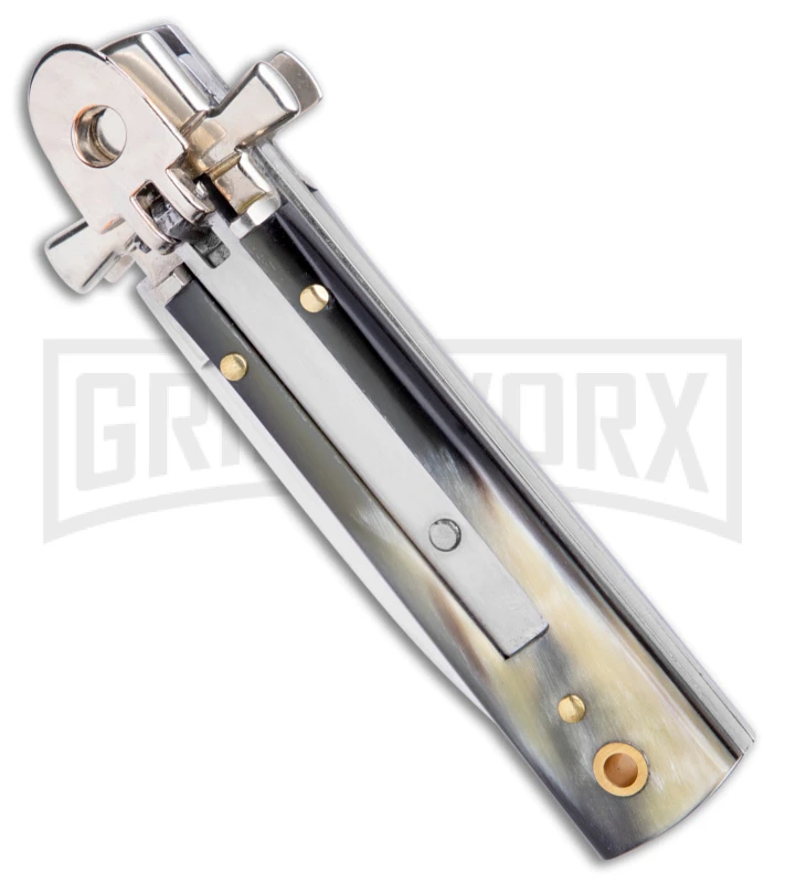 AGA 6" Lever Lock Horn Automatic Knife W/Cross Bolsters - Satin Plain 2 AGA 6" Lever Lock Horn Automatic Knife W/Cross Bolsters - Satin Plain - Image 2