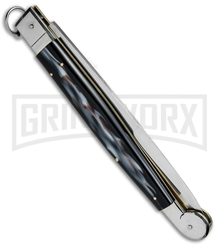 A.G.A. Campolin 16" Sim Horn Sicilian Ring Pull Automatic Knife - Satin Plain 3 A.G.A. Campolin 16" Sim Horn Sicilian Ring Pull Automatic Knife - Satin Plain - Image 3