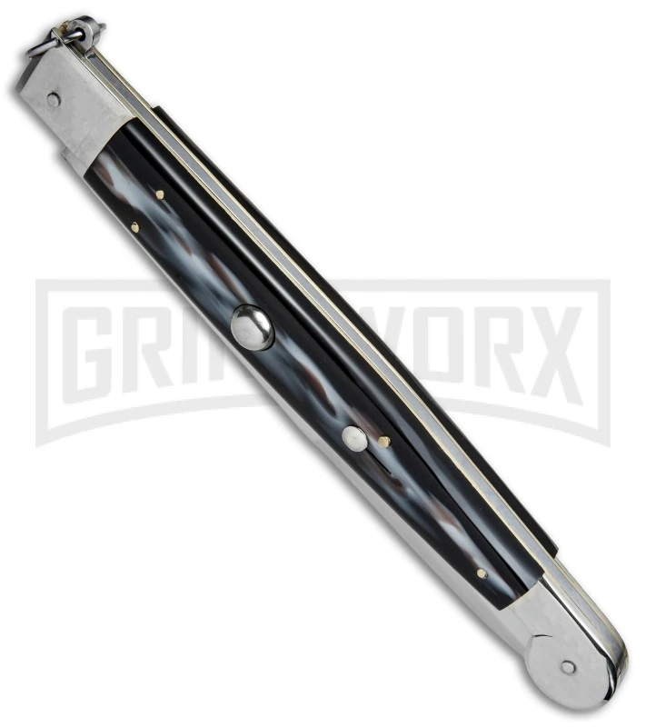 A.G.A. Campolin 16" Sim Horn Sicilian Ring Pull Automatic Knife - Satin Plain 2 A.G.A. Campolin 16" Sim Horn Sicilian Ring Pull Automatic Knife - Satin Plain - Image 2