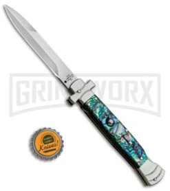 A.G.A. Campolin 9" Maltese Cross Abalone Stiletto Automatic Knife - Bayo Satin -Aga Campolin AGA Campolin 9in Bayo Italian Stiletto Auto Abalone Satin BP 28947 jr bottlecap large