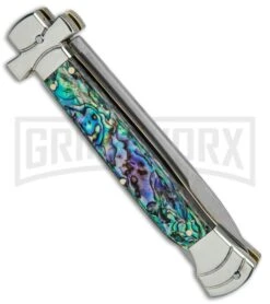 A.G.A. Campolin 9" Maltese Cross Abalone Stiletto Automatic Knife - Bayo Satin -Aga Campolin AGA Campolin 9in Bayo Italian Stiletto Auto Abalone Satin BP 28947 jr side large