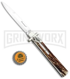 A.G.A. Campolin 9" Dominus Stag Leverlock Automatic Knife - Satin -Aga Campolin AGA Campolin 9in Dominus LL Auto Stag Satin GO DOM23 HB BHQ 97992 jr bottlecap large