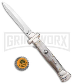 AGA Campolin 9" Maltese Cross Stiletto Horn Automatic Knife - Bayo Satin Plain -Aga Campolin AGA Campolin 9in Maltese Cross Stiletto Auto Horn Bayo BHQ 177244 jr bottlecap large