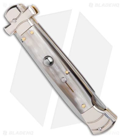 AGA Campolin 9" Maltese Cross Stiletto Automatic Knife Horn (4" Satin Bayo) 2 AGA Campolin 9" Maltese Cross Stiletto Automatic Knife Horn (4" Satin Bayo) - Image 2