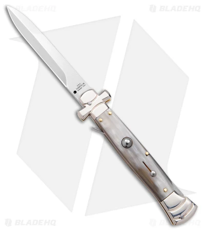 AGA Campolin 9" Maltese Cross Stiletto Automatic Knife Horn (4" Satin Bayo) 1 AGA Campolin 9" Maltese Cross Stiletto Automatic Knife Horn (4" Satin Bayo)