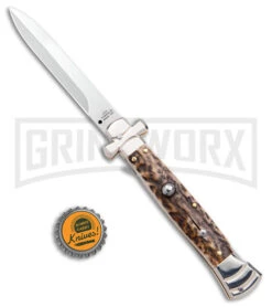 A.G.A. Campolin 9" Maltese Cross Stiletto Stag Automatic Knife - Bayonet Satin -Aga Campolin AGA Campolin 9in Maltese Cross Stiletto Auto Stag Horn Bayo BHQ 50662 jr bottlecap large