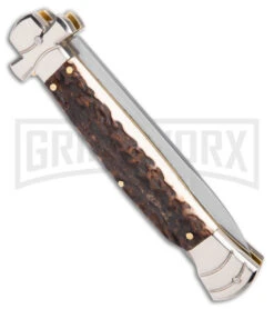 A.G.A. Campolin 9" Maltese Cross Stiletto Stag Automatic Knife - Bayonet Satin -Aga Campolin AGA Campolin 9in Maltese Cross Stiletto Auto Stag Horn Bayo BHQ 50662 jr side large