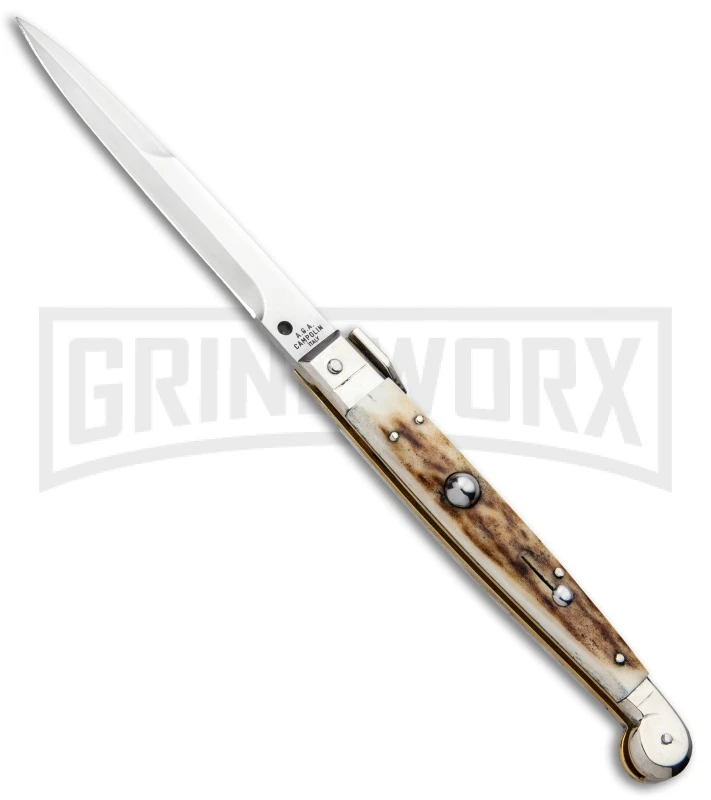 A.G.A. Campolin 9" Sicilian Stag Picklock Auto Sillito Knife - Bayonet 1 A.G.A. Campolin 9" Sicilian Stag Picklock Auto Sillito Knife - Bayonet