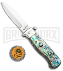 AGA Campolin Piccolo Abalone Italian Automatic Knife - Satin Plain -Aga Campolin AGA Campolin Piccolo Italian Stiletto Auto Abalone Satin BHQ 92868 jr bottlecap large