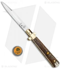 AGA Campolin 11" Frosolone Bayonet Stiletto Auto Knife Stag/Brass (5" Satin) -Aga Campolin AGA Frosolone Stag Brass 11in Bayo BP 29297 jr bottlecap