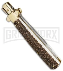 AGA Campolin 11" Frosolone Stag/Brass Stiletto Automatic Knife - Bayonet -Aga Campolin AGA Frosolone Stag Brass 11in Bayo BP 29297 jr side large