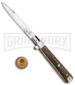 AGA Campolin 11" Frosolone Stag Stiletto Automatic Knife - Bayonet -Aga Campolin AGA Frosolone Stag Nickel 11in Bayo BP 29296 jr bottlecap large
