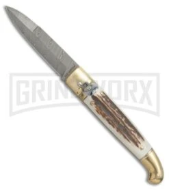 AGA Campolin Stag Horn Brass Lever Lock Automatic Knife - Damascus Plain