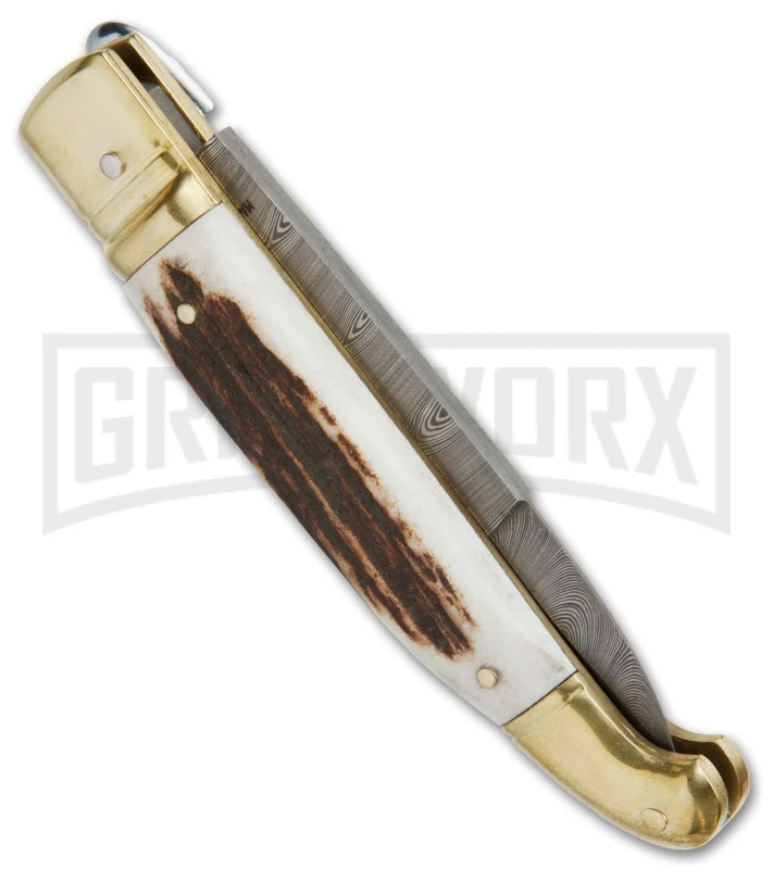 AGA Campolin Stag Horn Brass Lever Lock Automatic Knife - Damascus Plain 2 AGA Campolin Stag Horn Brass Lever Lock Automatic Knife - Damascus Plain - Image 2