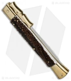 AGA Campolin 13" Bat Swinguard Automatic Knife Brass/Stag Horn (5.75" Dagger) -Aga Campolin aga 13in bat swing brass stag dagger side cm
