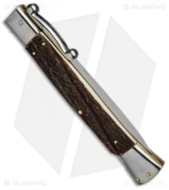 AGA Campolin 13" Swinguard Automatic Knife Stag Horn (5.75" Satin Dagger) -Aga Campolin aga campolin stiletto 13in swing dark horn stag dagger BP 18157 dl side