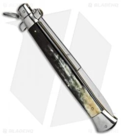 AGA Campolin 18" Ring Pull Automatic Knife Brazilian Horn (8" Satin Bayo) -Aga Campolin aga champolin 18in stiletto brazilian horn bayo BP 18398 er side