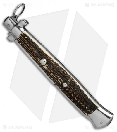 AGA Campolin 18" Ring Pull Automatic Italian Stiletto Stag Horn (8" Satin Bayo) 2 AGA Campolin 18" Ring Pull Automatic Italian Stiletto Stag Horn (8" Satin Bayo) - Image 2