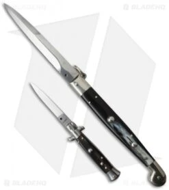 AGA Campolin 12" Sicilian Ring Pull Automatic Knife Dark Horn (5.5" Satin Bayo) 5 AGA Campolin 12" Sicilian Ring Pull Automatic Knife Dark Horn (5.5" Satin Bayo) -Aga Campolin ltd sicilian ring dark bayo 6in dark horn stiletto flat sizes